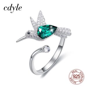 Cdyle 925 Sterling Silver Finger Ring Minimalist AAA Zircon Hummingbird Open Size Ring with Green Crystal from Women Jewelry