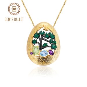 GEM'S BALLET Natural Mixed Gemstone Egg Shape Women's Pendant Necklace 925 Silver Gold Plated Handmade Plant Tree Enamel Craft