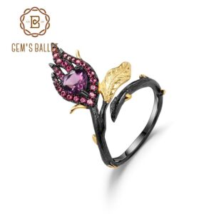 GEM'S BALLET Black & 18k Gold Over 925 Silver Two Tone Handmade Burning Heart Natural Amethyst Woman’s Adjustable Band Ring