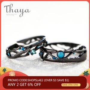 Thaya CZ Milky Way Black Rings Blue Bright Cubic Zirconia Rings 925 Silver Jewelry for Women Lover Vintage Bohemian Retro Gift