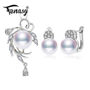 FENASY 925 Sterling Silver Jewelry Sets Natural Pearl Stud Earrings Custom Bohemian Crystal Pendant Chain Necklace For Women