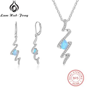 Wedding Bridal Jewelry Sets Twist Spiral Drop Earrings Pendants Necklaces Blue Opal Jewelry Sets Accessories Gift (Lam Hub Fong)