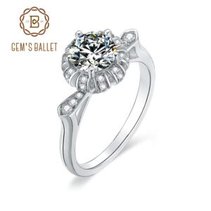 GEM'S BALLET 1Ct Moissanite Stone Fashion Flower Designs Women Ring 925 Sterling Silver Five Prong Rings Bride Wedding Jewelry