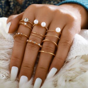 Pearl Beads Crystal Stone Charm Gold Rings Set For Women Vintage Finger Knuckle Bands Female Fashion Jewelry Wedding Gift 8Pcs