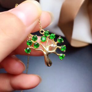 USPS Shipping Tested Natural Diopside Necklace for Women, Gold Plated 925 Sterling Silver Life Tree Fine Jewelry Gift with Box