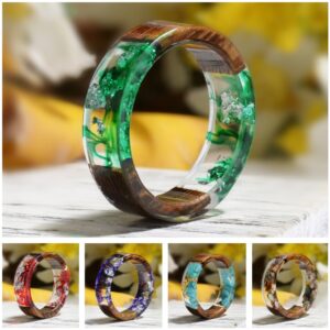 2020 Hot Sale Handmade Wood Resin Ring Dried Flowers Plants Inside Jewelry Resin Ring Transparent Anniversary Ring for Women