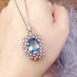 Almei Natural Blue Topaz Pendant Necklace Gemstone Stud Earrings for Women, 925 Sterling Silver Wedding Jewelry FT257