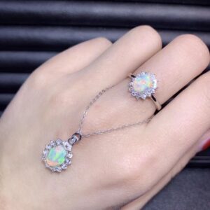 Oval Cut Natural Opal Pendant Necklace and Halo Ring Set,925 Sterling SIlver Gemstone Jewelry Set for Women FT263