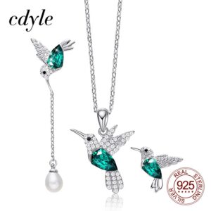 Cdyle 925 Sterling Silver Women Jewelry Set for Women Hummingbird Necklace Earrings Set with Crystal fit Evening Dress Jewelry