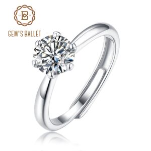 GEM'S BALLET 925 Sterling Silver 6 Prong Adjustable Bride Rings 1.0Ct D Color Moissanite Solitaire Engagement Rings for Women