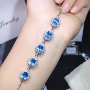 USPS Dropshipping Natural Blue Topaz Bracelet for Women, Large Gemstone Precious Stone Jewelry, Authentic 925 Sterling Silver