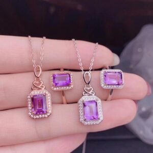 Emerald Cut Natural Amethyst Pendant Necklace and Solitaire Ring Set,925 Sterling SIlver Gemstone Jewelry Set,6*8mm Gem FT260