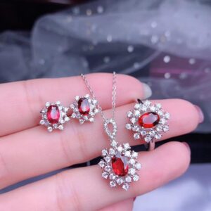 Oval Cut Natural Red Garnet Pendant Necklace Stud Earrings and Ring Set,925 Sterling SIlver Gemstone Jewelry Set for Women FT261