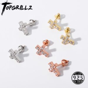 TOPGRILLZ Minimalist 925 Silver Cubic Zirconia Stud Earrings For Women Simple Geometric Cross Earrings Hip Hop Fashion Jewelry