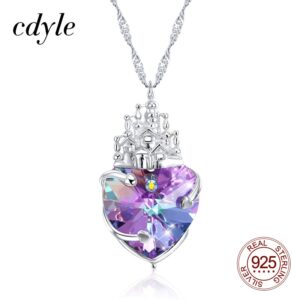 Cdyle Purple Heart Crystal from Swarovski Charm Necklace Silver S925 Fairy Tale Castle Collares Mujer Princess Party Jewelry