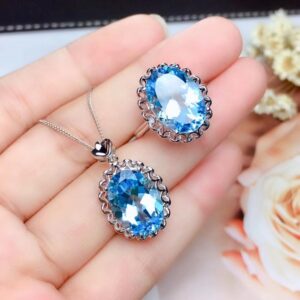 Large Natural Oval Blue Topaz Jewelry Sets, Matching Ring and Necklace Sets 925 Sterling Silver Gemstone Fine Jewelry for Women