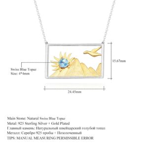 GEM'S BALLET Natural Swiss Blue Topaz Gemstone Handmade 925 Silver 18k Gold Plated Mountain Bird Sun Rectangle Women's Necklace