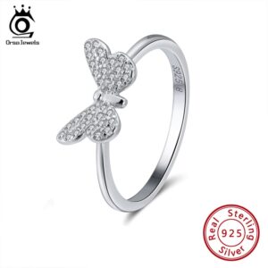 ORSA JEWELS Genuine 925 Sterling Silver Women Rings Cute Butterfly Silver&Gold Color AAA Cubic Zircon Fashion Ring Jewelry SR59