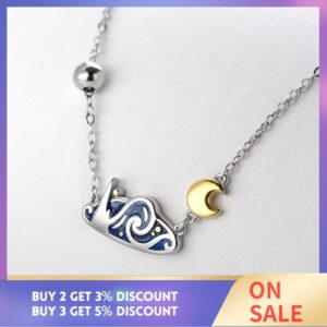 Thaya s925 Silver Emerald Van Gogh's Necklace Glitter Sky Gold Moon Star Pendant Necklace Bohemian Vintage Jewelry for Women