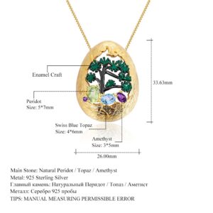 GEM'S BALLET Natural Mixed Gemstone Egg Shape Women's Pendant Necklace 925 Silver Gold Plated Handmade Plant Tree Enamel Craft