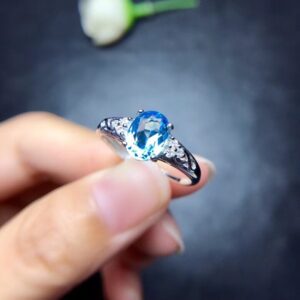 Natural Blue Topaz Rings for Women, 925 Sterling Silver Fine Jewelry, 6*8mm Gemstone Birthstone Jewelry with Velvet Box FJ297