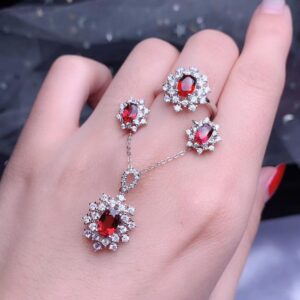 Oval Cut Natural Red Garnet Pendant Necklace Stud Earrings and Ring Set,925 Sterling SIlver Gemstone Jewelry Set for Women FT261