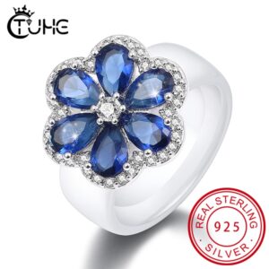 New 925 Sterling Silver Flower Ceramic Ring For Women With Blue Crystal Fashion Trendy Wedding Jewelry With 8mm Smooth Ring Gift