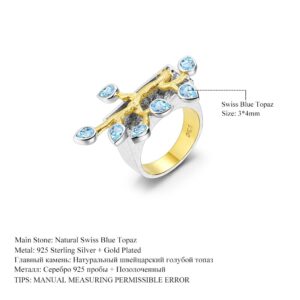 GEM'S BALLET Natural Swiss Blue Topaz Women's Cocktail Ring 18k Gold Over 925 Silver Two Tone Handmade Madagascar Forest Rings