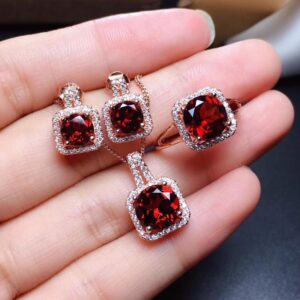 Ship by USPS Natural Reak Garnet Jewelry Sets for Women, Ring Earrings Neckalce Wedding Set, 925 Sterling Silver,Rose Gold Plate