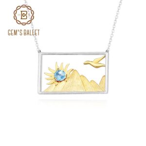 GEM'S BALLET Natural Swiss Blue Topaz Gemstone Handmade 925 Silver 18k Gold Plated Mountain Bird Sun Rectangle Women's Necklace