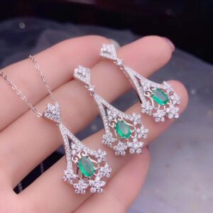 Natural Green Emerald Pendant Necklace Gemstone Teardrop Stud Earrings for Women, 925 Sterling Silver Wedding Jewelry FT259