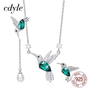 Cdyle 925 Sterling Silver Necklace Earrings Set with Green Austrian Crystal Hummingbird for Women Fine Jewelry Set Gift