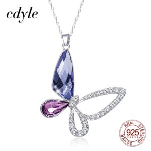 Cdyle 925 Sterling Silver Women Necklace Purple Crystal Butterfly Pendant with Zircon Fashion Fine Jewellery Accessories