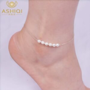 ASHIQI Real 925 Sterling Silver Anklets for Women with Natural Freshwater Pearl Jewelry for Foot Gift