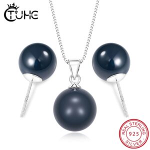 925 Sterling Silver Colorful Round Ceramic Jewelry Set Stud Earrings Pendant Necklace For Women Summer Wedding Party Jewelry