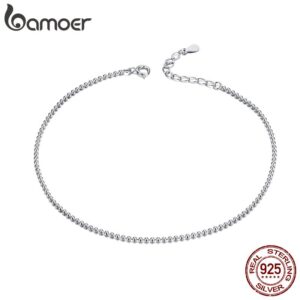 BAMOER Hot Sale Simple Essential Bead Link Anklets 925 Sterling Silver Bracelet for Foot Jewelry Silver Female Leg Chain SCT002