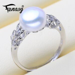 FENASY Natural Freshwater Pearl Rings Trendy Adjustable Size 925 Sterling Silver Leaf Rings For Women With Shining Zircon