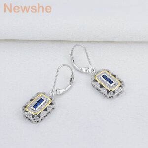 Newshe Solid 925 Sterling Silver Dangle Drop Earrings Blue CZ White & Gold Color Classic Jewelry For Women JE1581