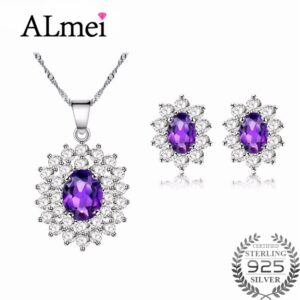 Almei Princess Diana Jewelry Set William Engagement Wedding Genuine Amethyst Jewelry 925 Sterling Silver with A Box CT003