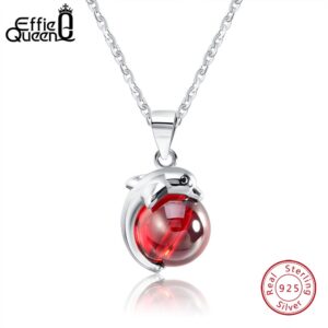 Effie Queen 925 Sterling Silver Necklace for Women Lovely Red Stone Dolphin Animal Pendants Silver&Gold-color Jewelry Gift BN02