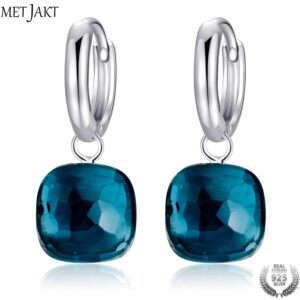 MetJakt Classic Blue Topaz Drop Earrings Solid 925 Sterling Silver Pendant Earring for Women's Occasions Fine Jewelry