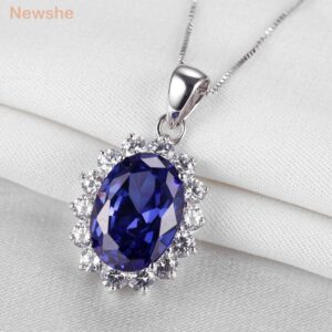 Newshe 6.4 Ct Oval Shape Blue Zircon Pendant Pure 925 Sterling Silver 18 Inches Chain Necklace For Women