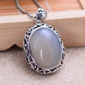 MetJakt Vintage Natural White Chalcedony Buddha Pendants Solid 925 Sterling Silver Pendant for Necklace Women's Jewelry