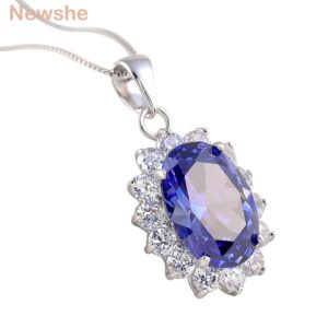 Newshe 6.4 Ct Oval Shape Blue Zircon Pendant Pure 925 Sterling Silver 18 Inches Chain Necklace For Women