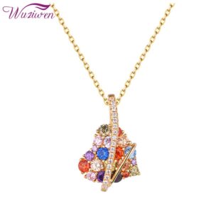 Wuziwen Gemstone Multicolor Crystal Heart Shape Pendant Necklaces For Women Sterling Silver White CZ Yellow Gold Color Chain