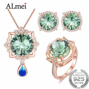 Almei Tested 925 Sterling Silver Green CZ Stone Luxury Jewelry Set for Women Earring/Pendant/Necklace/Ring with A Gift Box CT006