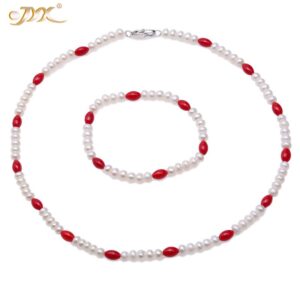 JYX Delicate Coral and White Pearl Necklace Bracelet jewelry set 5-5.5mm rice shape coral 17/7" jewelry set women mother gift