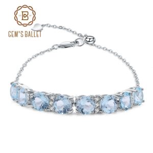 GEM'S BALLET 20.63Ct Round Natural Sky Blue Topaz Gemstone Vintage Bracelet 925 Sterling Silver Adjustable Bracelet For Women