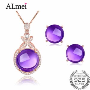 Almei Natural Round Earrings Pendant Necklace Silver 925 Amethyst Gemstone Rose Gold Color Bridal Jewelry Set with A Box CT008