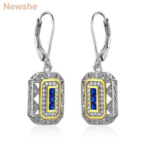 Newshe Solid 925 Sterling Silver Dangle Drop Earrings Blue CZ White & Gold Color Classic Jewelry For Women JE1581